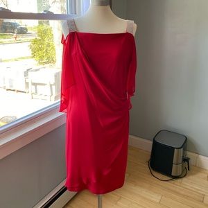 MSK Red Rhinestone Beaded-Strap shoulder-less Capelet-Back Dress